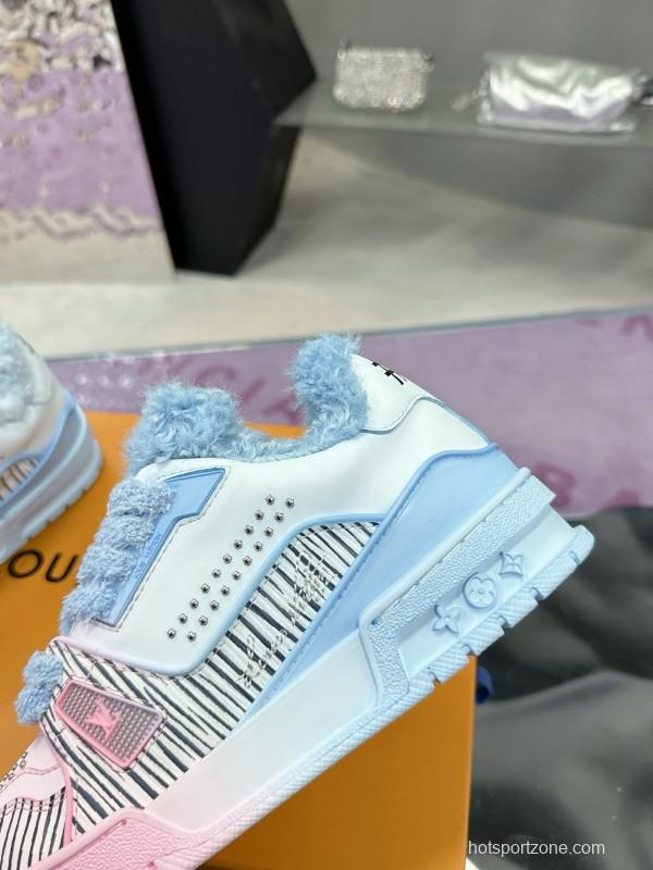 2024 Unisex Louis Vuitton Blue Pink Leather Sneakers