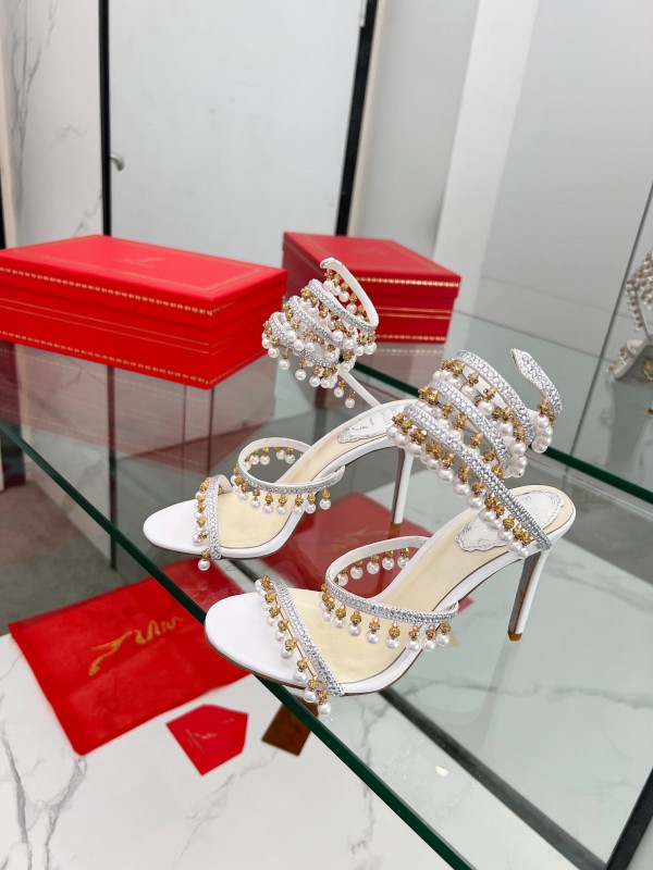 2025 Women RC White Crystal Pearl Leather High Heel Sandals LY00360