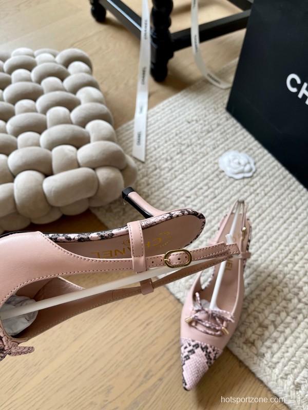 2025 Women Chanel Pink Python Leather Bow High Heels KFY00320