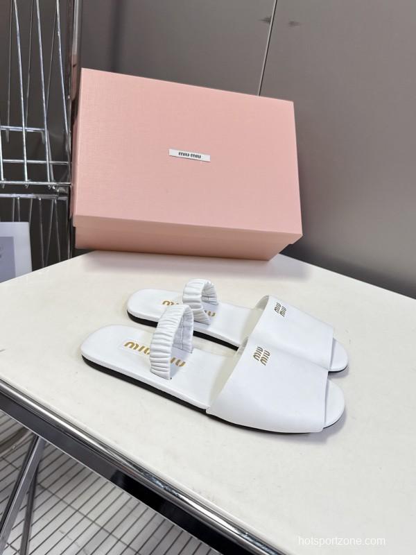 2025 Women Miu Miu White Leather Slippers LY00