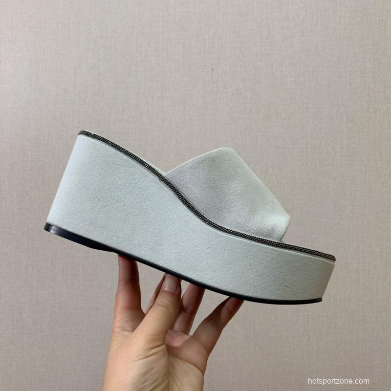 2025 Women BRUNELLO CUCINELLI White Suede Platform Slide Sandals Casual Craftsmanship LY00360(F)