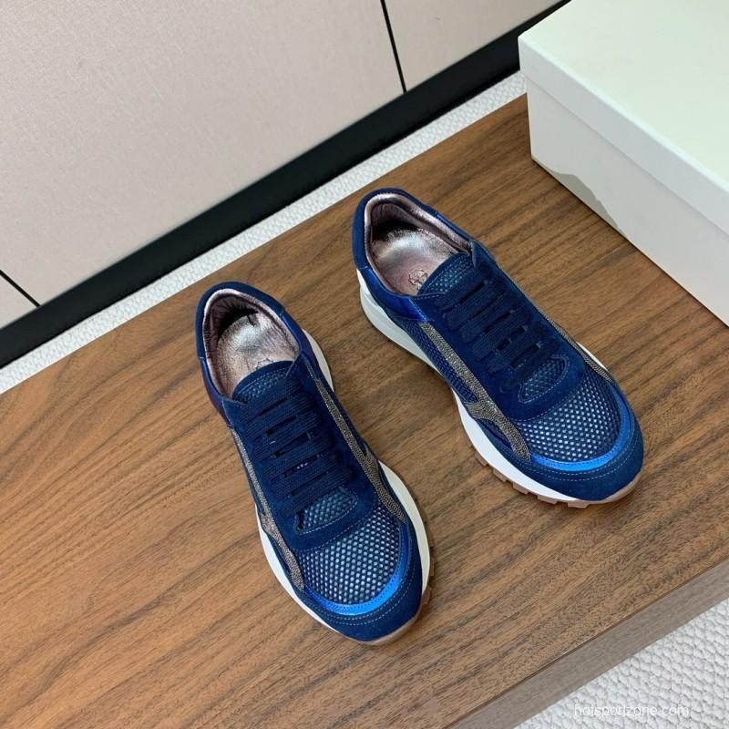 2025 Men Brunello Cucinelli Blue Navy Suede Mesh Casual Sneakers KFY00310