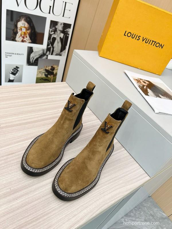 2024 Women Louis Vuitton Brown Suede Chelsea Boots MJ00340