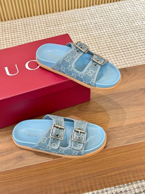 2025 Women Gucci Light Blue Canvas Leather Sandals