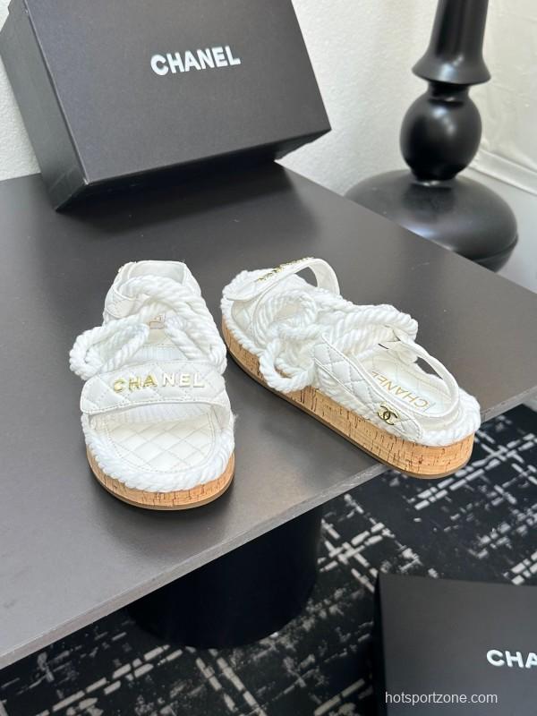 2025 Women Chanel White Leather Roped Espadrille Sandals LY00260