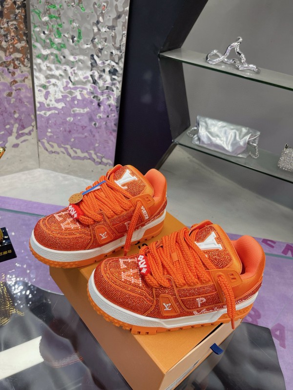2024 Kids Louis Vuitton Orange Leather LV Trainer