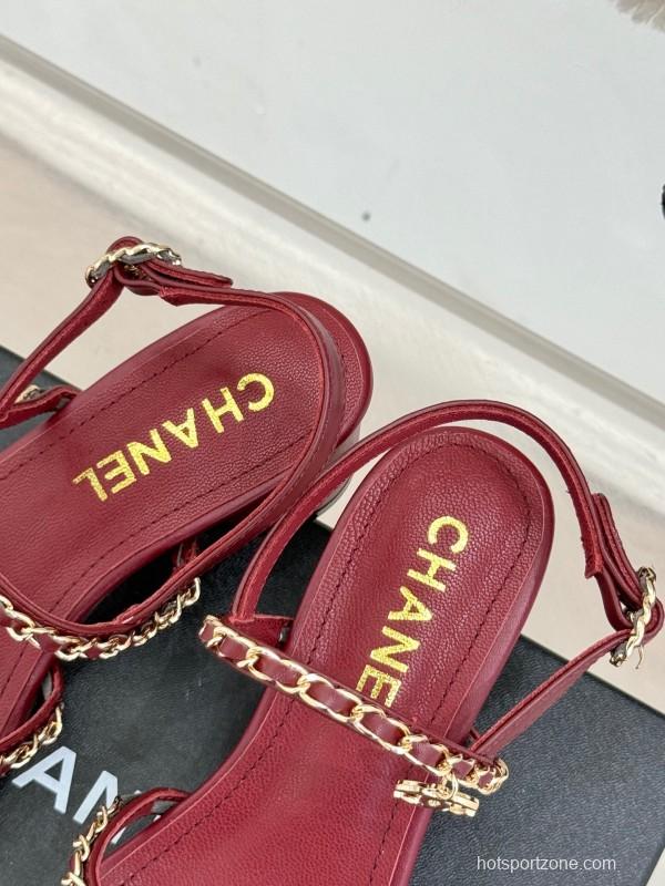 2025 Women Chanel Red Leather Chain Strap Sandals KFY00270