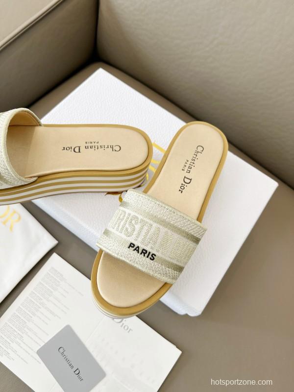 2025 Women Dior White Beige Canvas Platform Slippers