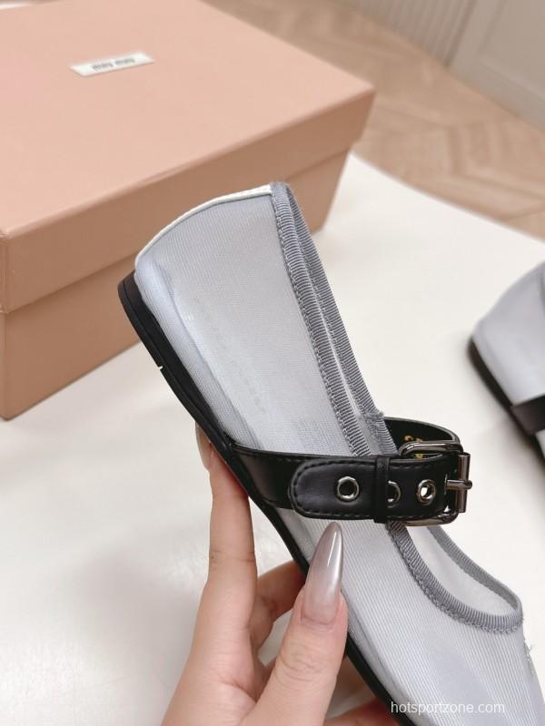 2025 Women Miu Miu White Black Mesh Leather Ballet Flats LY00230
