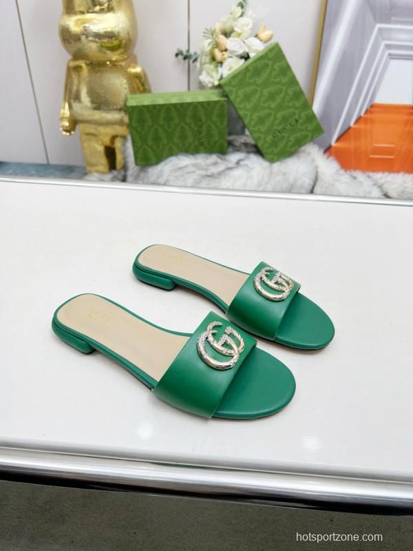 2025 Women Gucci Green Leather Flat Heel Slippers Double G Buckle MJ00190