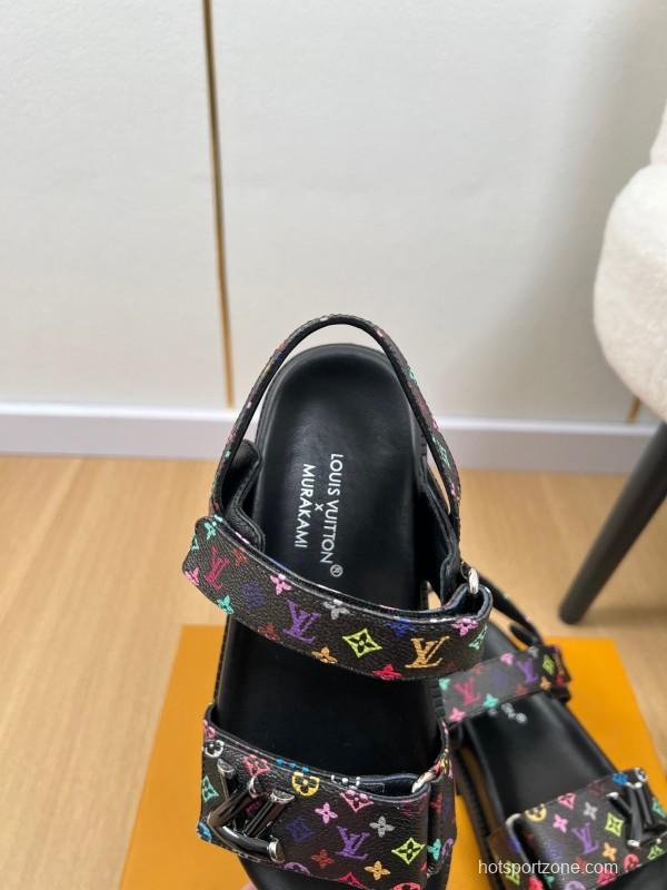 2025 Women Louis Vuitton Black Multicolor Canvas Sandals