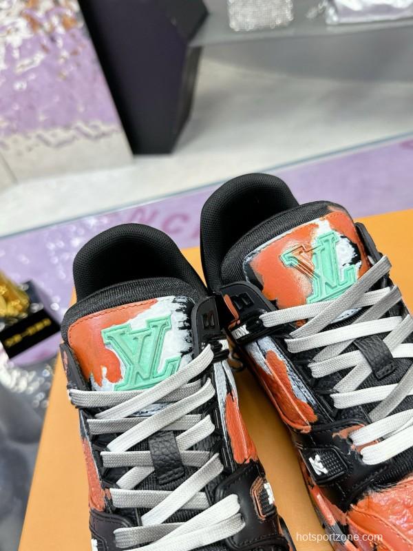 2024 Unisex Louis Vuitton Orange Black White Leather Denim Plimsolls Artist Hand-drawn MJ00780