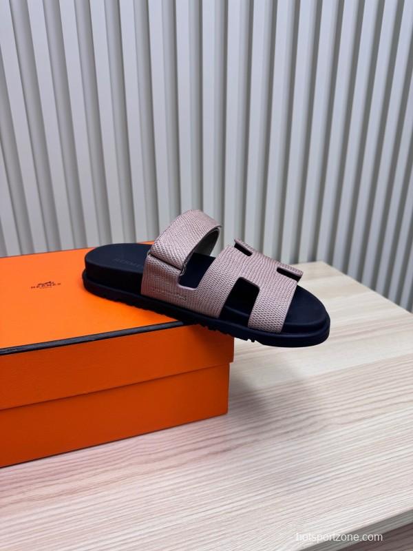 2025 Women Hermès Beige Black Leather Slippers