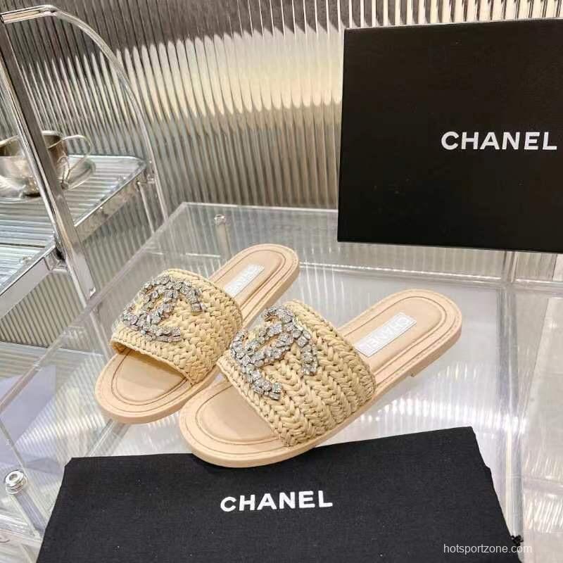 2025 Women Chanel Beige Raffia Crystal Slippers LY00270