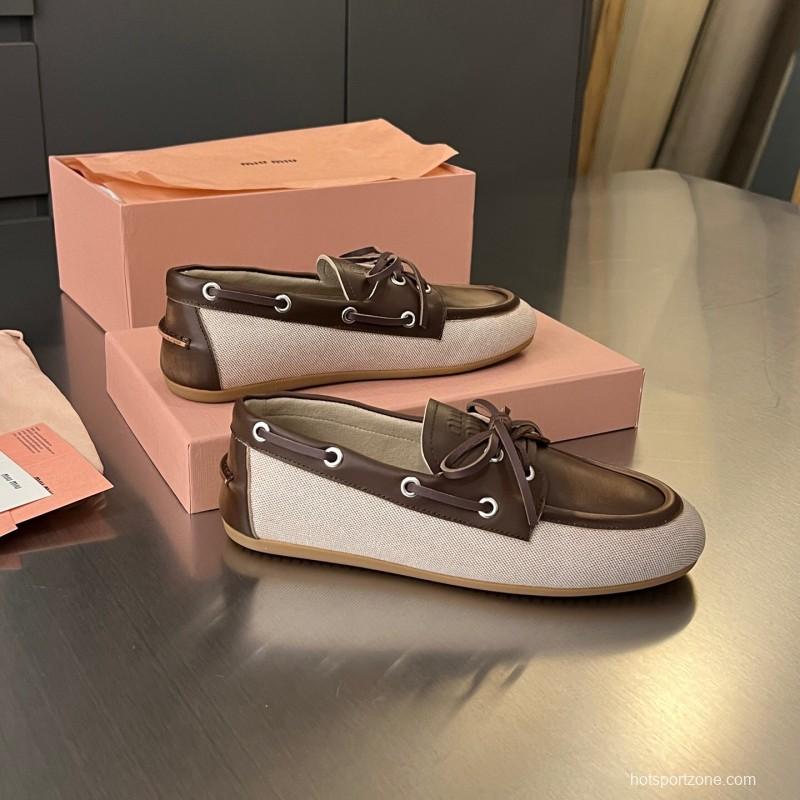 2025 Women Miu Miu Brown Beige Leather Canvas Loafers LY00230