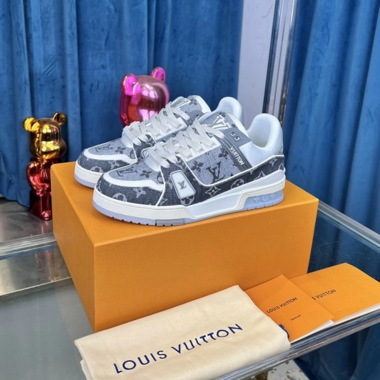 2025 Unisex Louis Vuitton Grey White Fabric Leather Sneakers