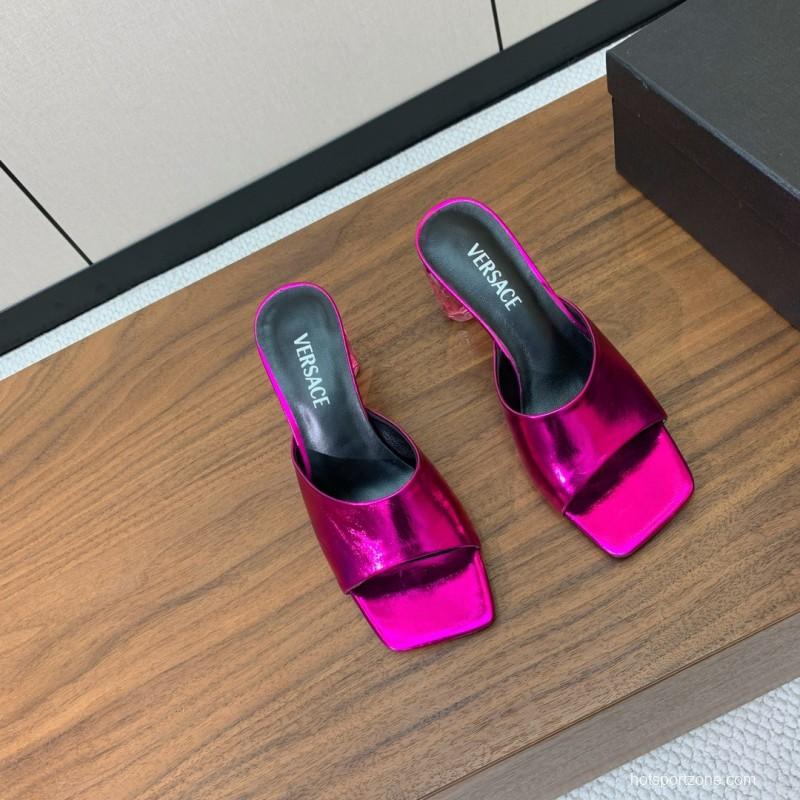 2025 Women VERSACE Pink Leather Slippers