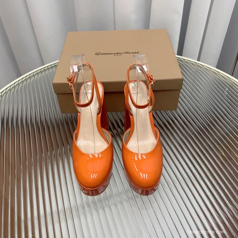 2025 Women Gianvito Rossi Orange Patent Leather Platform Sandals KFY00340