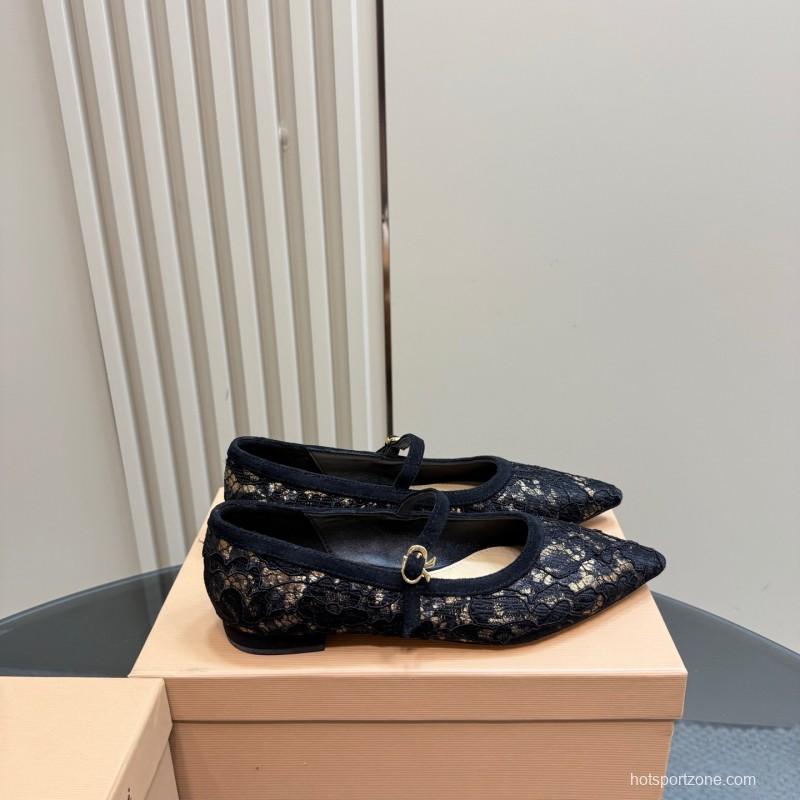 2025 Women Gianvito Rossi Black Lace Leather Mary Jane KFY00260