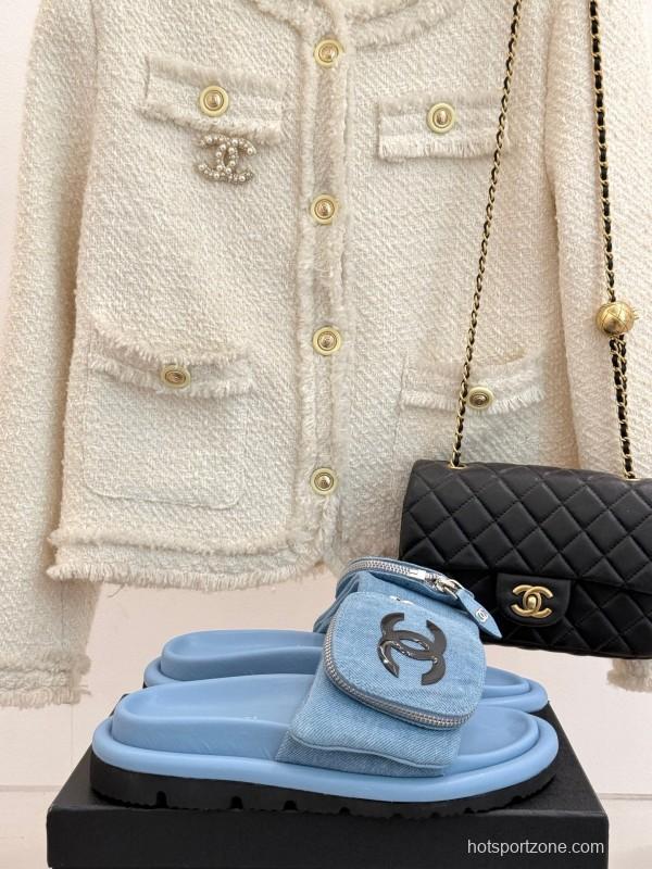 2025 Slippers Chanel Light Blue Denim Slippers KFY00220