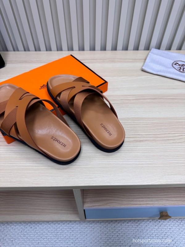 2025 Men Hermès Brown Leather Slippers