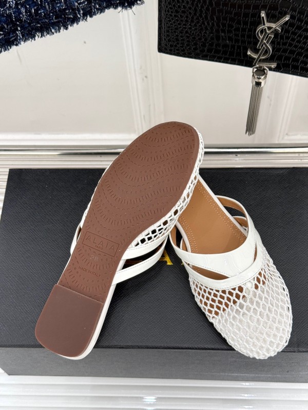2025 Slippers AlAIA White Leather Mesh Flat Shoes