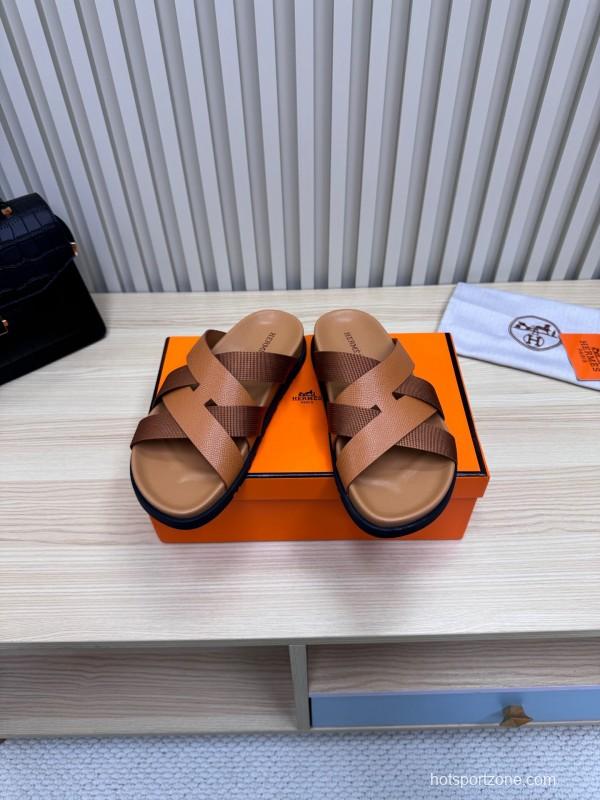 2025 Men Hermès Brown Leather Slippers