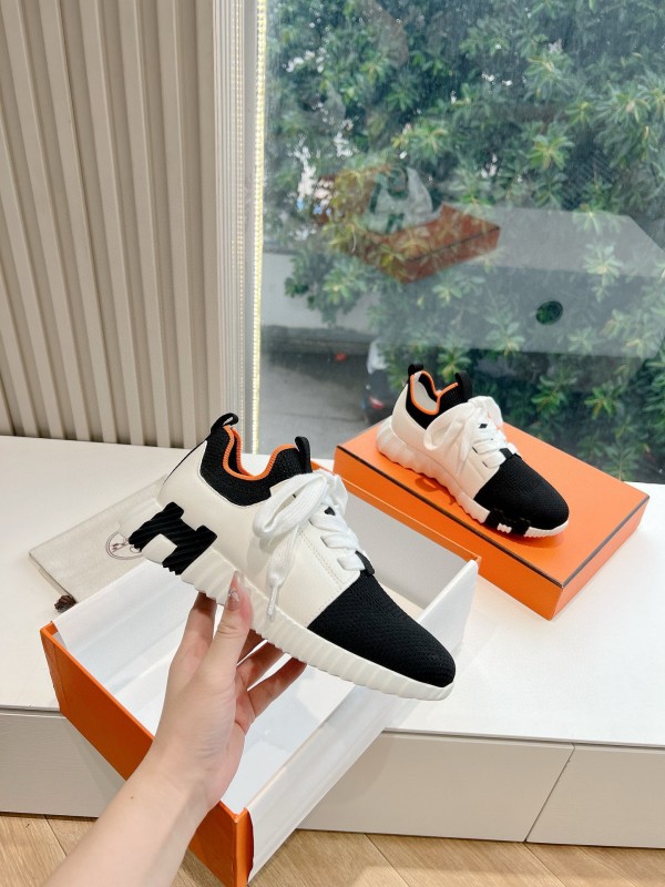 2024 Unisex Hermès Black White Orange Calf Leather Suede Knit Sneakers MJ00290
