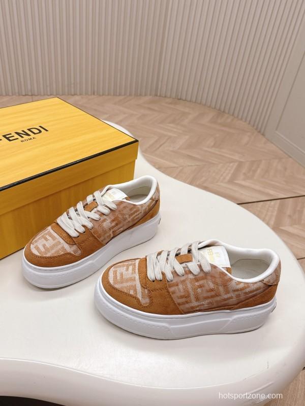 2025 Women Fendi Brown Leather Fabric Sneakers LY00340