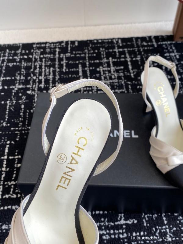 2025 Women Chanel Black White Satin Leather Slingback Heels