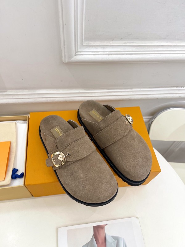 2025 Women Louis Vuitton Brown Suede Slippers Flower Buckle KFY00300