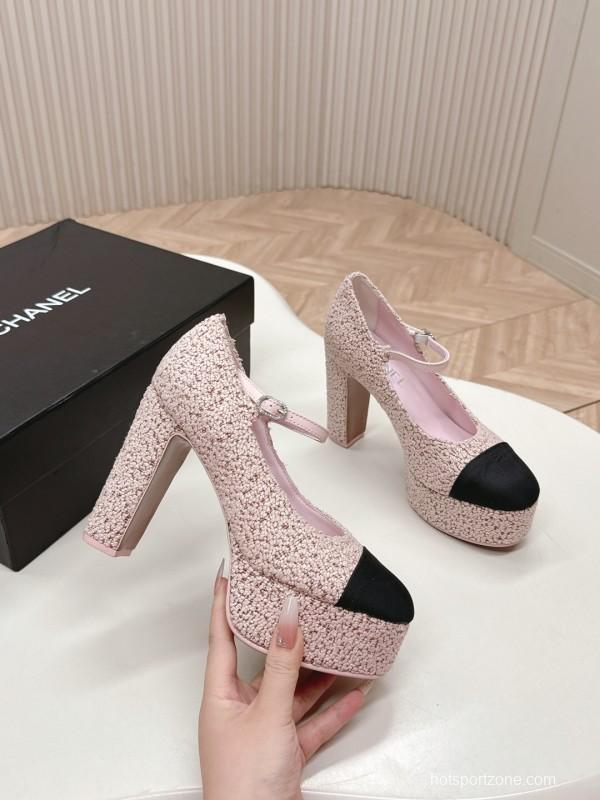 2025 Women Chanel Pink Black Wool Platform Mary Jane KFY00330