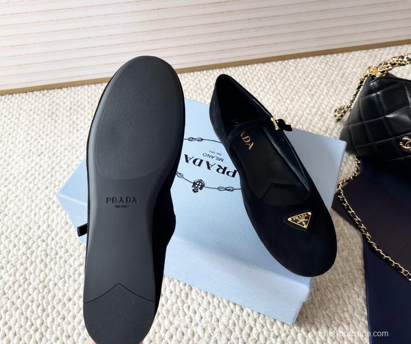 2025 Women Prada Black Suede Mary Jane Ballet Flat