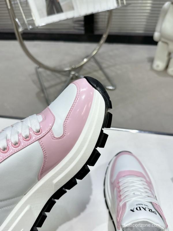 2025 Women Prada White Pink Leather Sneakers