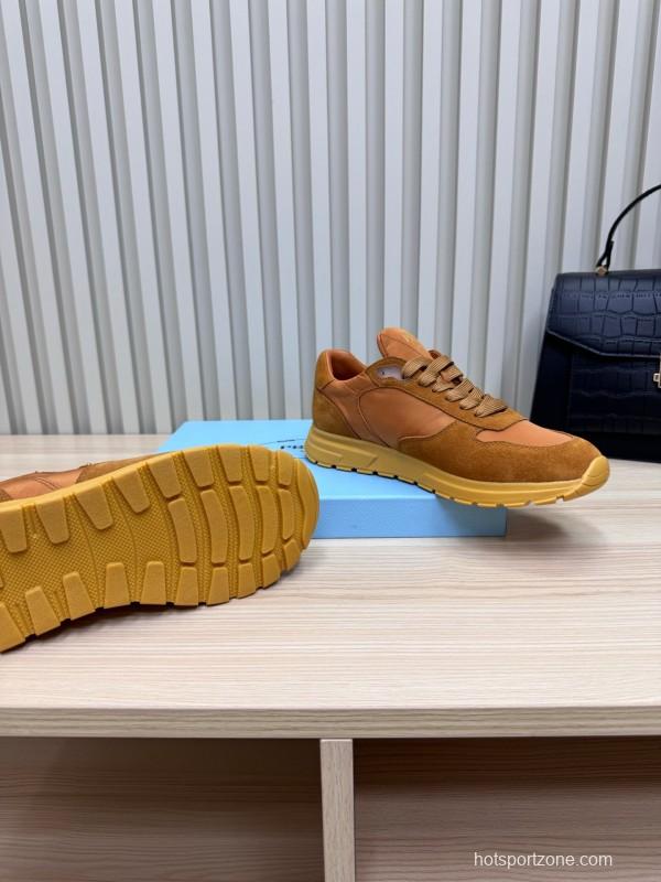 2025 Women Prada Brown Suede Nylon Sneakers LY00300