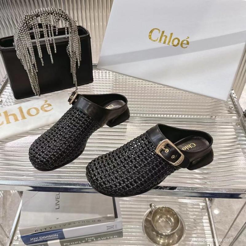 2025 Women Chloé Black Leather Woven Slippers