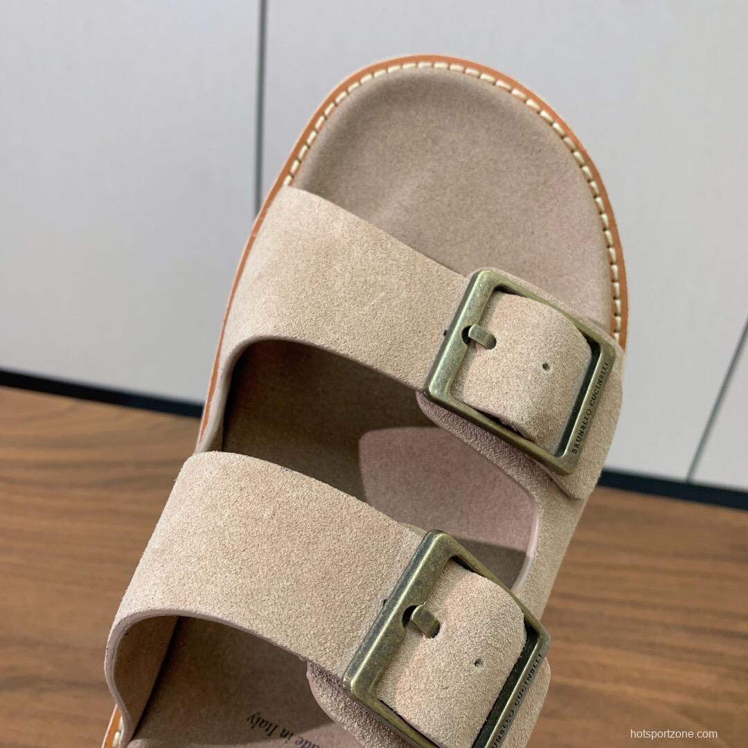 2025 Unisex Brunello Cucinelli Beige Suede Leather Slippers KFY00250