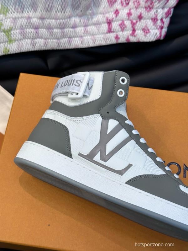 2024 Men Louis Vuitton White Grey Leather Canvas High Top Classic Sneakers MJ00420