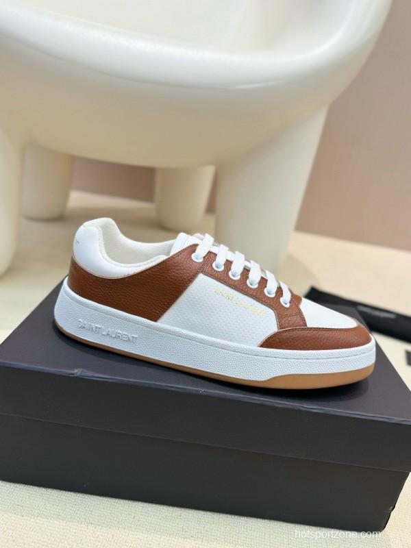 2024 Unisex Yves Saint Laurent White Brown Leather Canvas Sneakers MJ00350