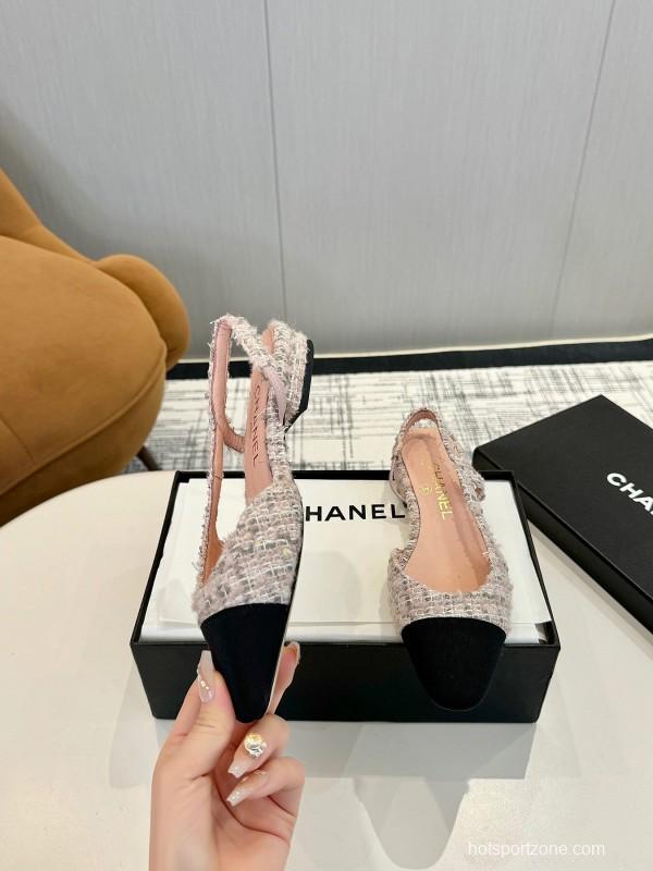 2025 Women Chanel Pink Black Mixed Leather Tweed Slingback Flats