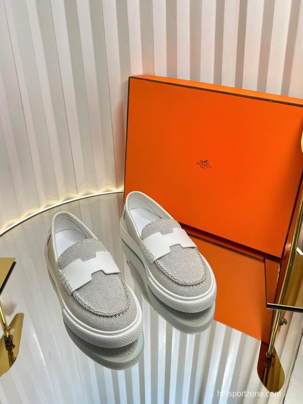 2025 Women Hermès White Mesh Leather Casual Loafers LY00310