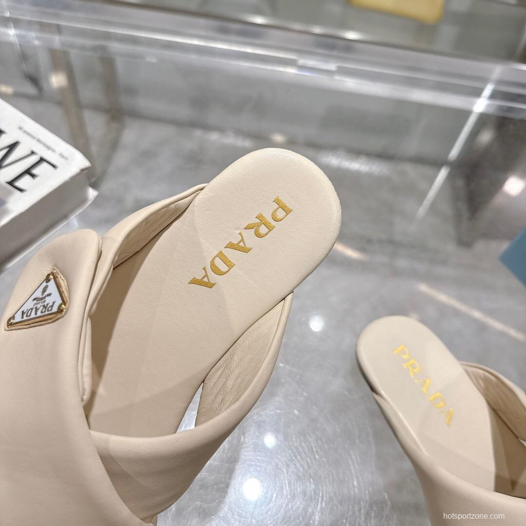 2025 Women Prada Cream Leather Slippers