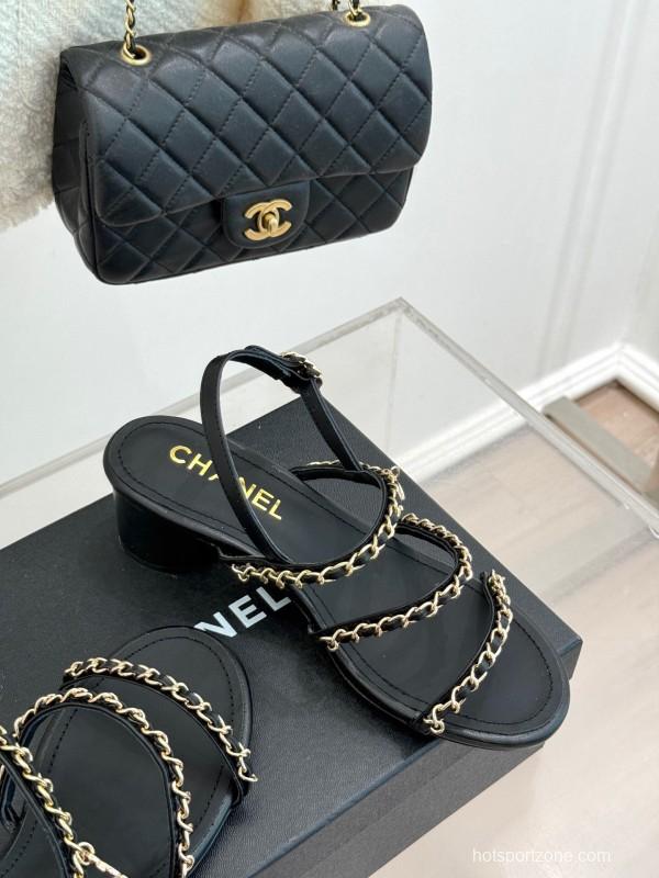 2025 Women Chanel Black Leather Sandals Chain KFY00270