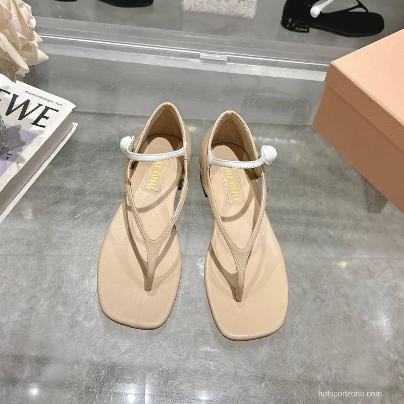 2025 Women MiuMiu Beige Leather T-Strap Sandals With Clear Heel KFY00289(F)