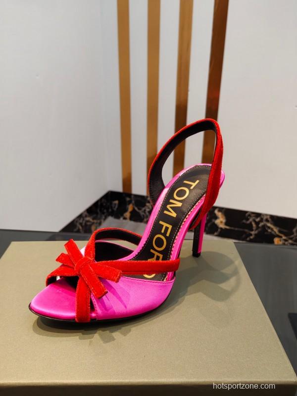 2025 Women TOM FORD Pink Red Velvet Silk High Heel Open Back Sandals