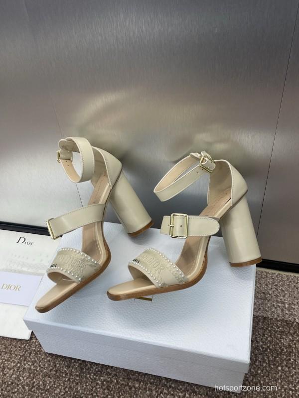2025 Women Dior Beige Calf Leather Sheepskin Pearl Embroidered High Heel Sandals KFY00320