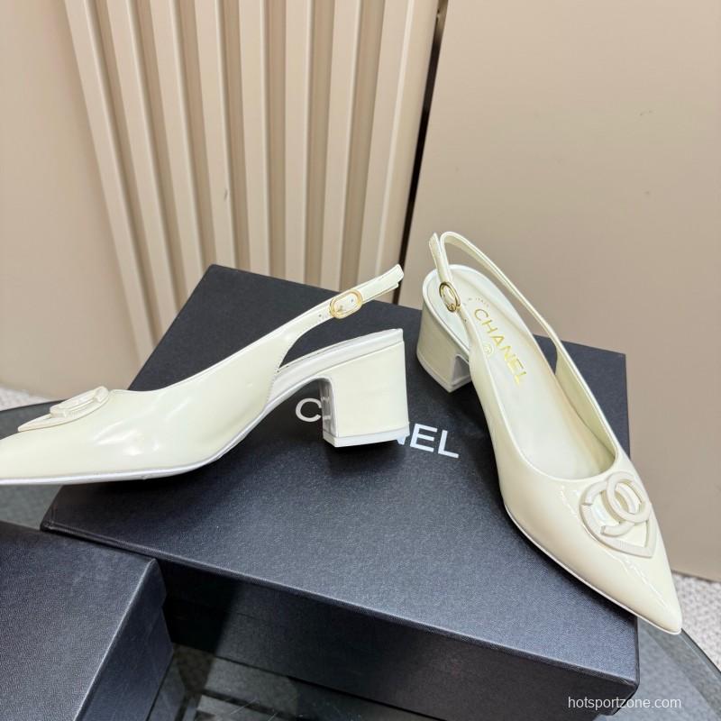 2025 Women Chanel White Patent Leather Slingback Pumps