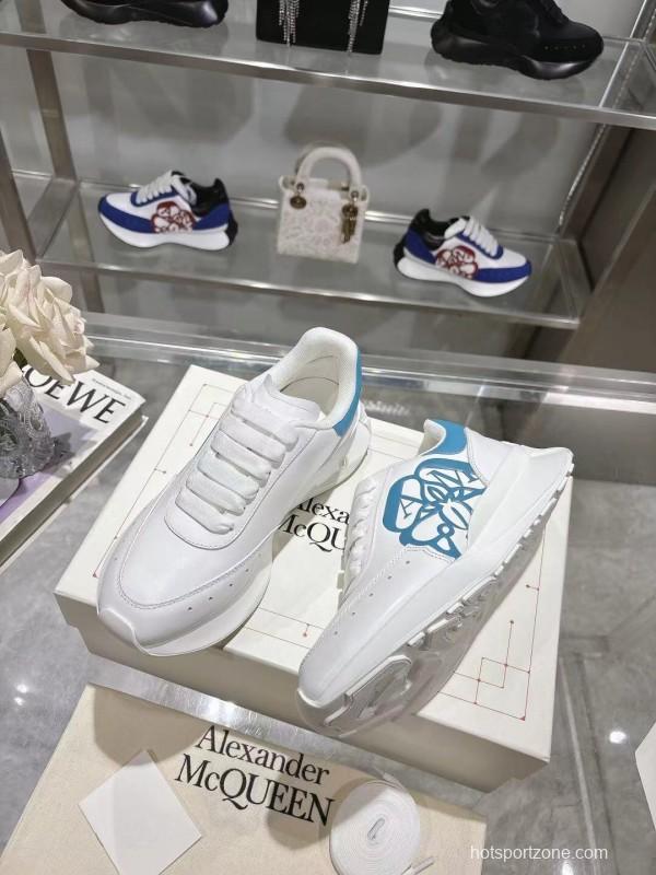2025 Women Alexander McQueen White Blue Leather Sneakers LY00340