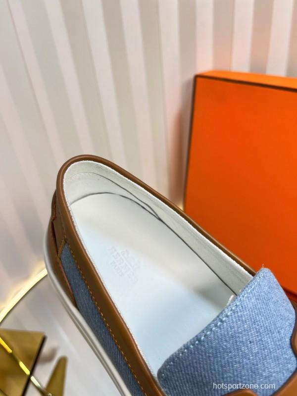 2025 Women Hermès Blue Brown Leather Canvas Loafer LY00310