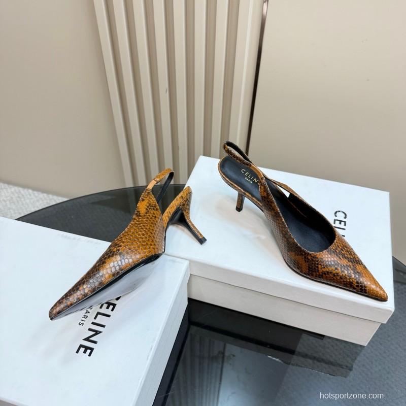 2025 Women Celine Brown Snakeskin Leather Slingback Heels